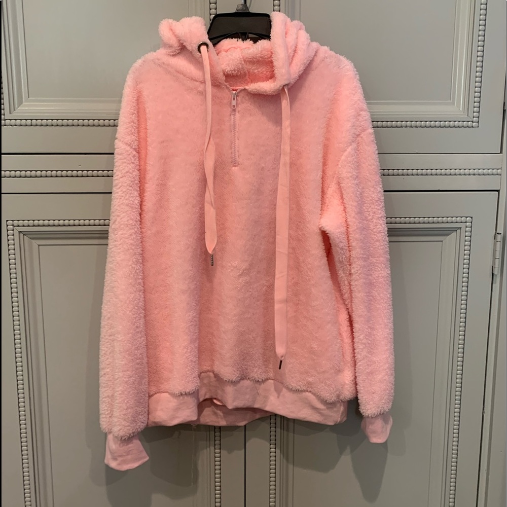 pink fluffy sweatshirt